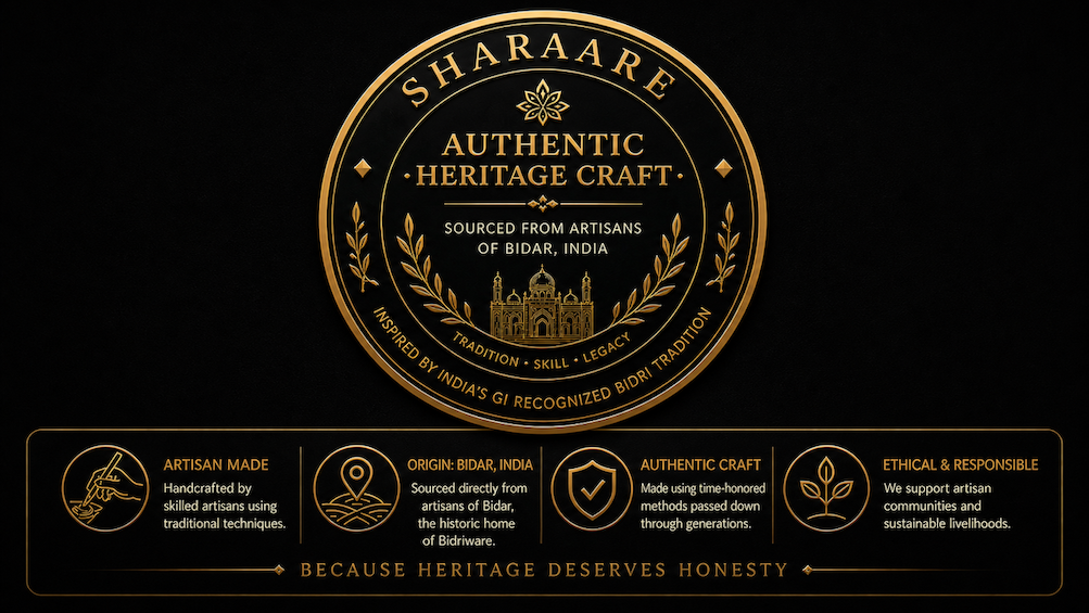 Sharaare Authentic Heritage Craft Seal — Sourced from Artisans of Bidar, India. Artisan Made · Virgin Metal Only · Authentic Craft · Ethical & Responsible.